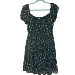 Trixxi Dark Green Floral Smocked Tiered Mini Dress Puff Sleeve Womens Size 11